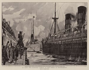 At Last, the Aurania coming to her Berth at Southampton by Charles Edward Dixon